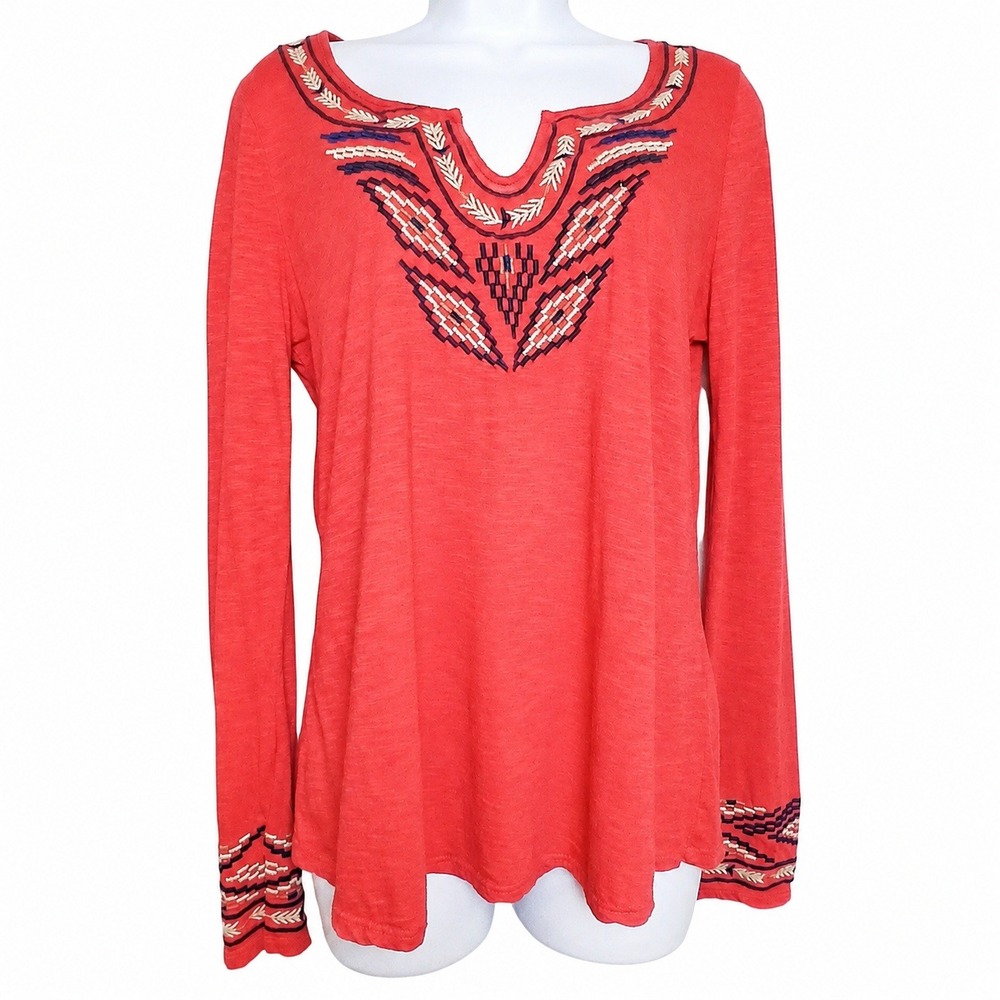 Lucky Brand Women M Boho Southwestern Embroidered Coral Long Sleeve TopWP6037 M